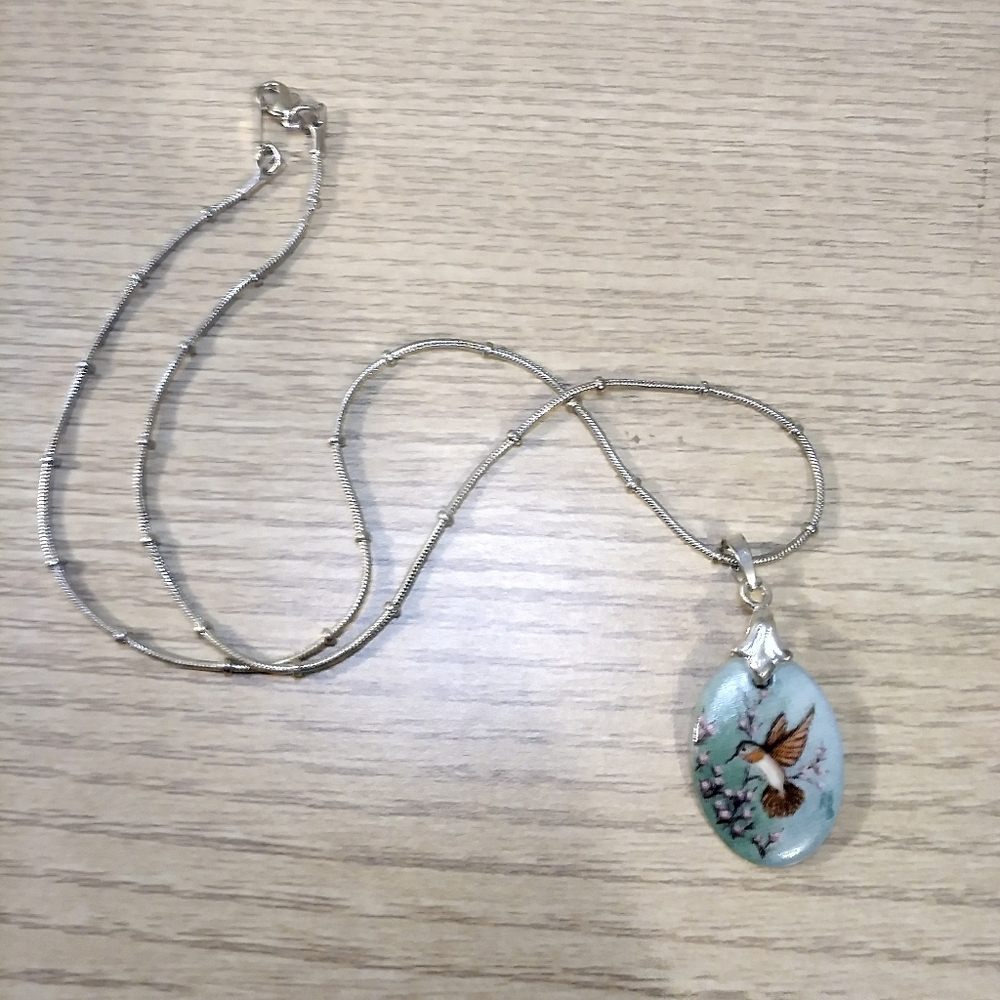 VINTAGE NECKLACE Cottagecore Floral Bird Silvertone Blue
